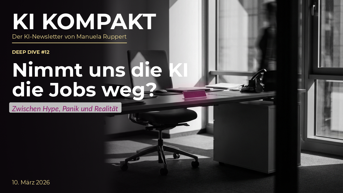 KI Kompakt Deep Dive #12 – Nimmt uns die KI die Jobs weg? Newsletter-Thumbnail mit monochromer Büro-Szene