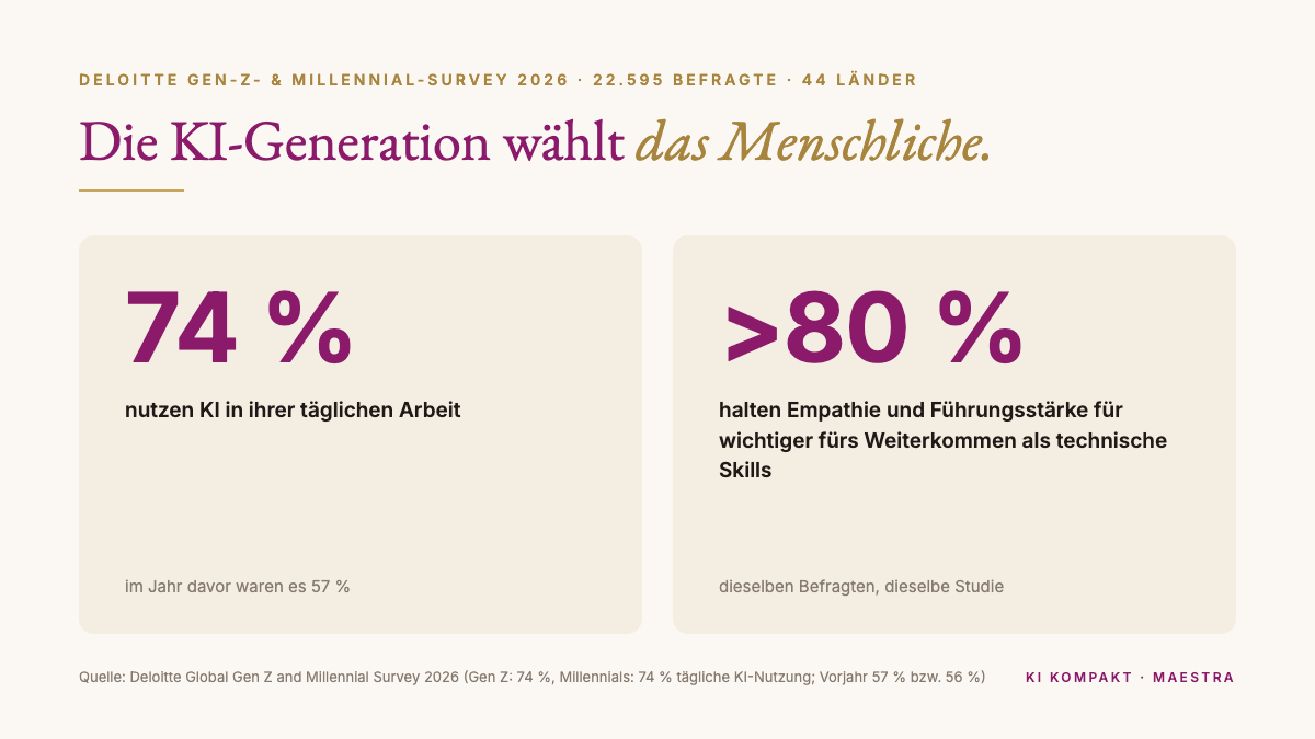 Deloitte Gen-Z- und Millennial-Survey 2026: 74 Prozent nutzen KI täglich, über 80 Prozent halten Empathie und Führungsstärke für wichtiger als technische Skills